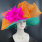 Wide Brim Sinamay Derby Hat: Jade Green, Orange, Fuchsia Feather Bow
