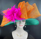 Wide Brim Sinamay Derby Hat: Jade Green, Orange, Fuchsia Feather Bow