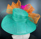 Wide Brim Sinamay Derby Hat: Jade Green, Orange, Fuchsia Feather Bow