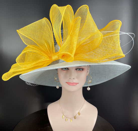 Powder Blue Sinamay Derby Hat, Lemon Yellow Bow