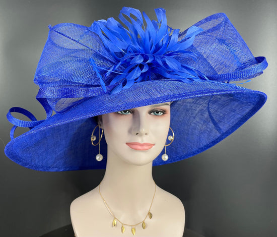 Royal Blue Kentucky Derby Hat: Feather Flower Sinamay Church Hat