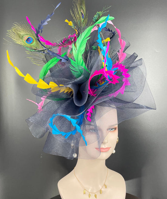 DerbyFascinator Hat: Navy, Green, Pink, Yellow Peacock Feathers