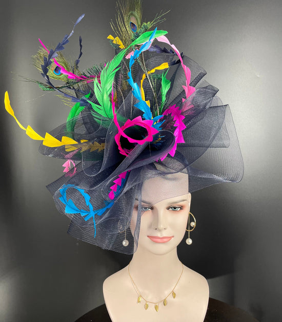 Kentucky Derby Fascinator Hat: Navy, Green, Pink, Yellow Peacock Feathers