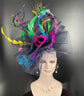 Kentucky Derby Fascinator Hat: Navy, Green, Pink, Yellow Peacock Feathers