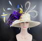 Wide Brim Sinamay Derby Hat: Ivory, Purple & Blue Feather Fascinator
