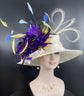 Wide Brim Sinamay Derby Hat: Ivory, Purple & Blue Feather Fascinator
