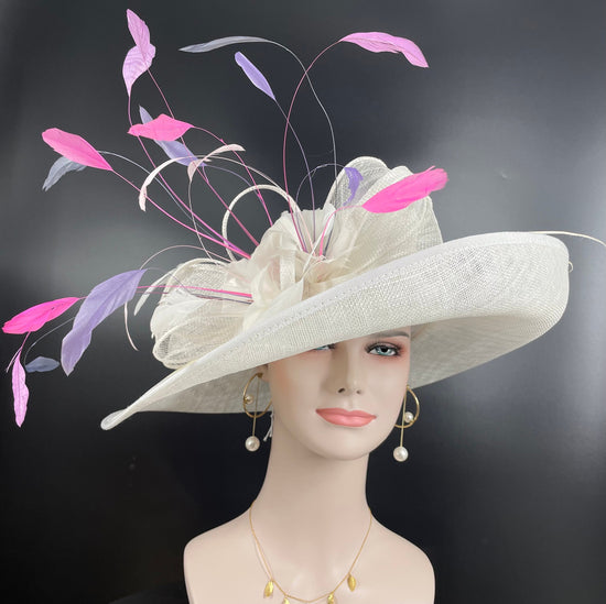 White Sinamay Kentucky Derby Hat, Feathered Church Wedding Hat