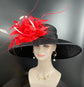 Wide Brim Sinamay Derby Hat: Black with Red Feather Flowers