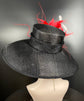 Wide Brim Sinamay Derby Hat: Black with Red Feather Flowers