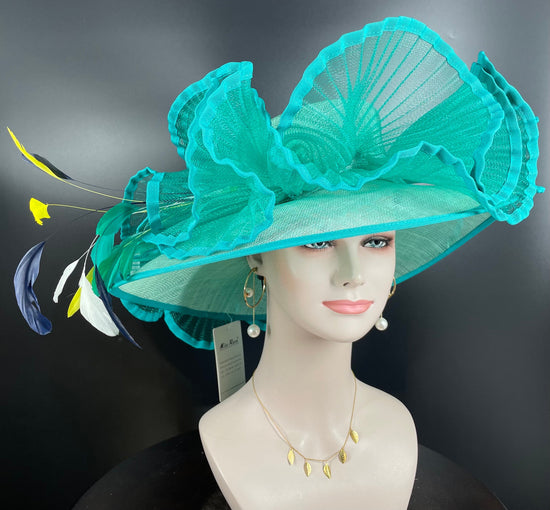 Turquoise Sinamay Derby Hat: Wide Brim Feather Church Wedding Hat