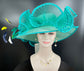 Turquoise Sinamay Derby Hat: Wide Brim Feather Church Wedding Hat