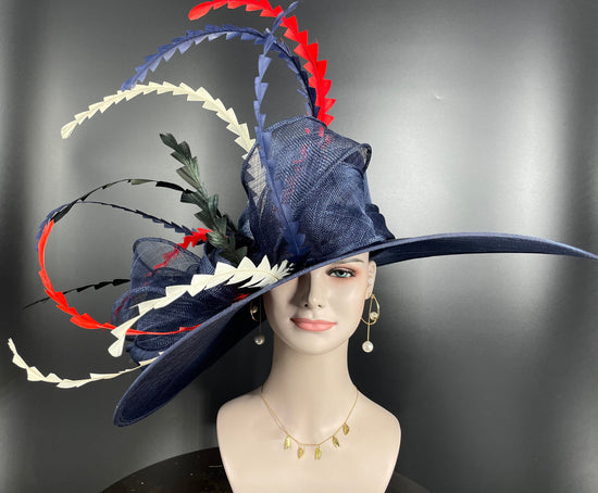 Navy Blue Feather Derby Hat: Ascot Wedding Tea Party Hat
