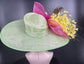 Wide Brim Sinamay Derby Hat: Green, Pink, Yellow Feather Ascot Hat