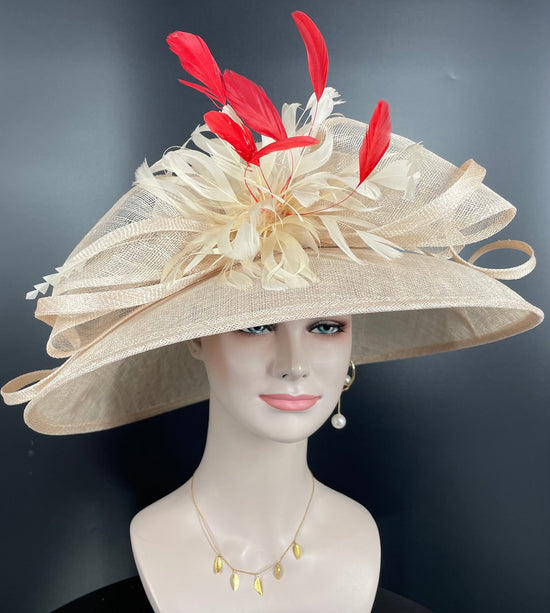 Kentucky Derby Hat: Champagne Sinamay Feather Flower Wedding Hat