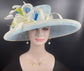 Church  Kentucky Derby Hat Carriage Tea Party Wedding Wide Brim Woman’s Royal Ascot Hat Horse Race Oaks day hatPowder blue Colorful Feathers