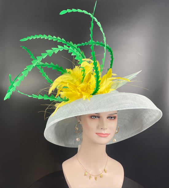 Sinamay Dome Hat: Audrey Hepburn Style, Kentucky Derby, Powder Blue & Yellow