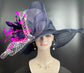 Navy Blue Sinamay Derby Hat: Pink Feather Flower, Jumbo Bows