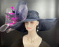 Navy Blue Sinamay Derby Hat: Pink Feather Flower, Jumbo Bows