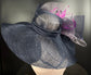 Navy Blue Sinamay Derby Hat: Pink Feather Flower, Jumbo Bows