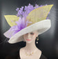Wide Brim Sinamay Derby Hat: White, Lavender & Yellow Petal Design