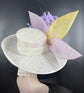 Wide Brim Sinamay Derby Hat: White, Lavender & Yellow Petal Design