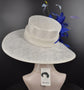 Sinamay Kentucky Derby Hat: White Wide Brim with Royal Blue Feathers