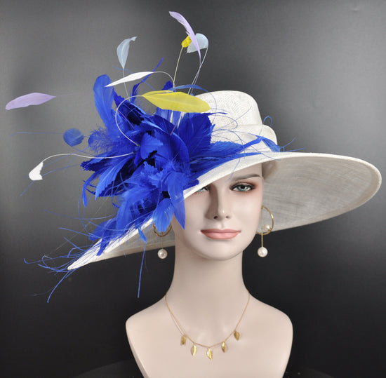 Sinamay Kentucky Derby Hat: White Wide Brim with Royal Blue Feathers