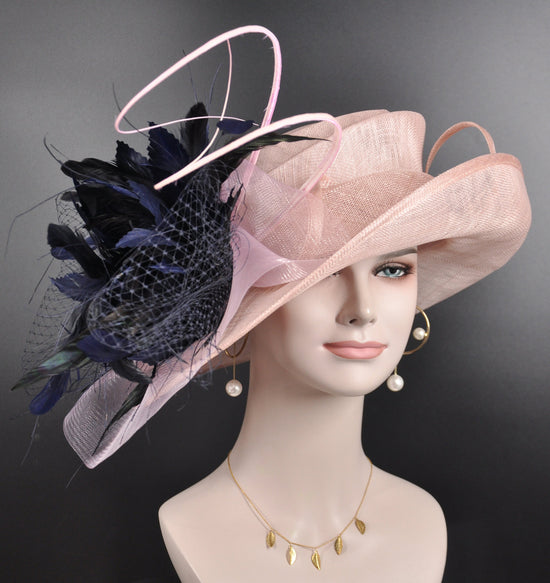 Blush Pink Kentucky Derby Hat: Feather Flower Church Wedding Hat