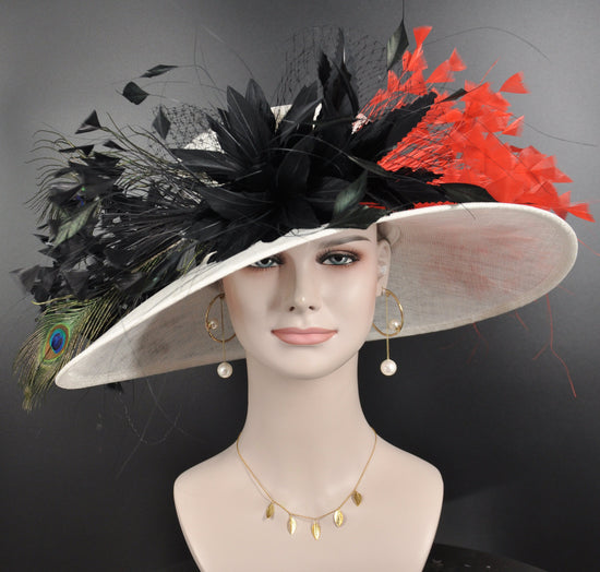 Sinamay Derby Hat: Wide Brim Feather Church Wedding Hat
