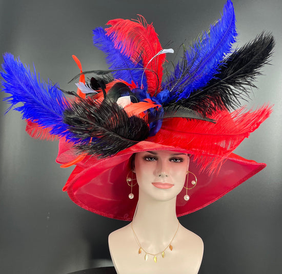 Red Kentucky Derby Hat, Wide Brim Sinamay Church Hat, Ostrich Feathers
