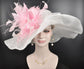 White  Pink Feather  Wide Brim Kentucky Derby Hat,Ascot Hat for Wedding & Tea Party, Garden Party Hat, Mother of the Bride, Church