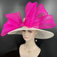 Sinamay Kentucky Derby Hat: White Wide Brim with Fuchsia Bow