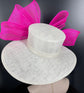 Sinamay Kentucky Derby Hat: White Wide Brim with Fuchsia Bow