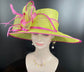 Lime Green Sinamay Kentucky Derby Hat: Hot Pink Feather Flower Wide Brim