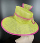 Lime Green Sinamay Kentucky Derby Hat: Hot Pink Feather Flower Wide Brim