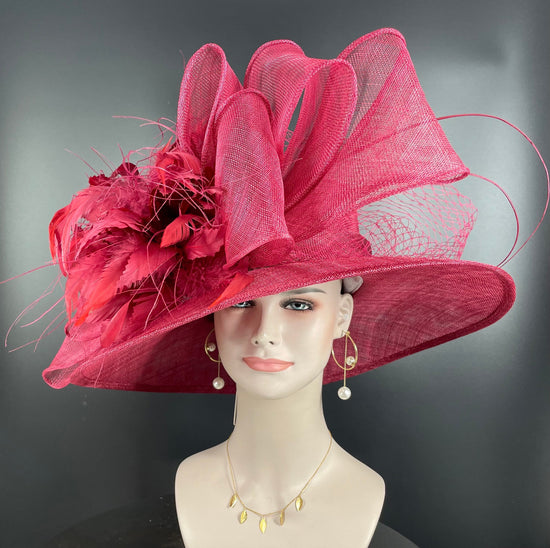 Burgundy Sinamay Derby Hat: Wide Brim Feather Ascot Hat