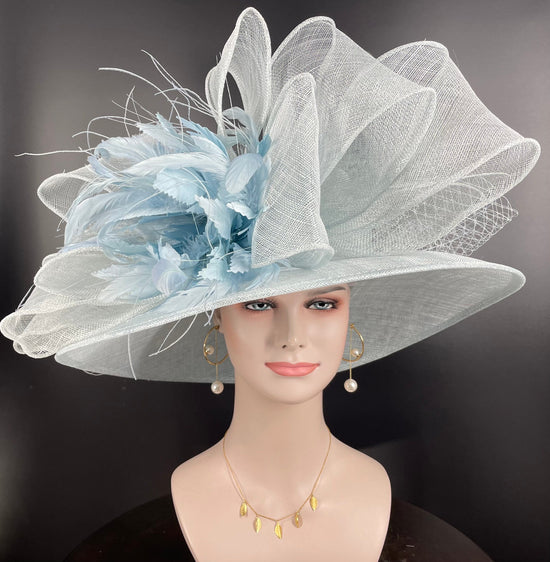 Powder Blue Sinamay Kentucky Derby Hat: Feather Flower Ascot Hat