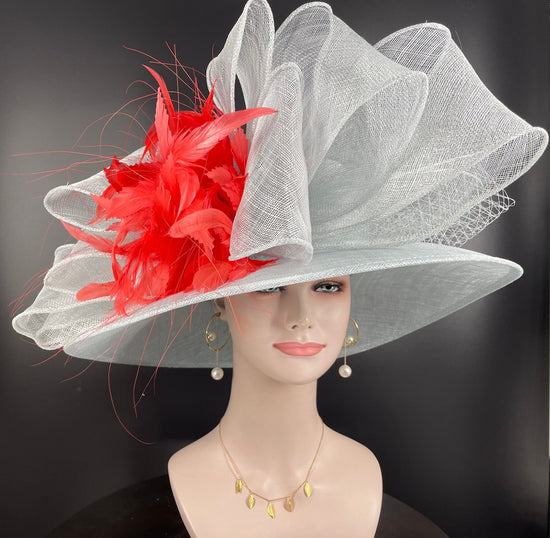 Powder Blue Sinamay Kentucky Derby Hat: Coral Feather Flower Wide Brim