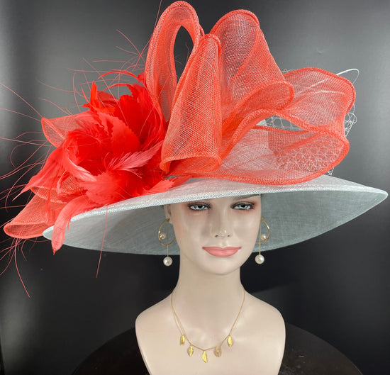 Powder Blue Sinamay Derby Hat: Coral Feather Flower Bows