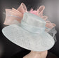 Wide Brim Sinamay Derby Hat: Powder Blue, Peach, Pink Feather Flower