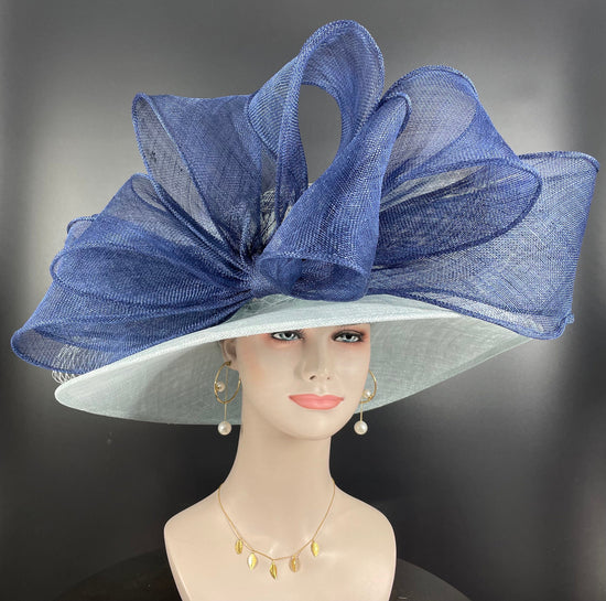 Wide Brim Sinamay Derby Hat: Powder Blue, Navy Bow