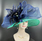 Jade Green Sinamay Derby Hat: Navy Bows, Feather Flower