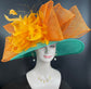 Jade Green Sinamay Derby Hat: Orange Feather Ascot Race Day Hat