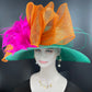 Wide Brim Sinamay Derby Hat: Jade Green, Orange, Fuchsia Feather Bow
