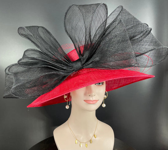 Red Sinamay Derby Hat: Black Bow Wide Brim Ascot Hat
