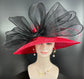 Red Sinamay Derby Hat: Black Bow Wide Brim Ascot Hat