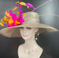 Wide Brim Sinamay Derby Hat: Feather Flower, Fuchsia & Orange