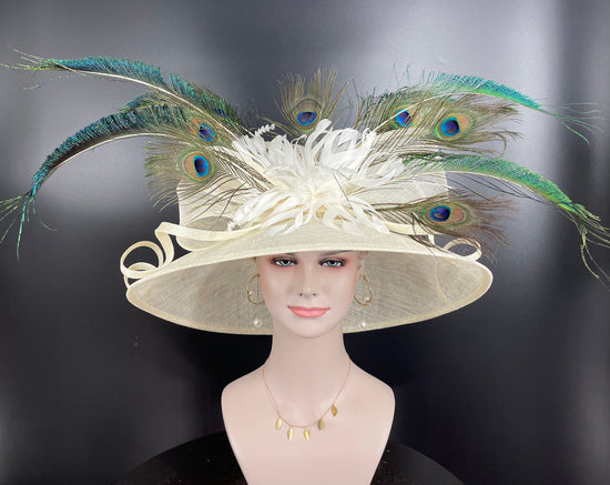 Sinamay Kentucky Derby Hat: Ivory Wide Brim with Peacock Feathers