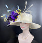 Wide Brim Sinamay Derby Hat: Ivory, Purple & Blue Feather Fascinator