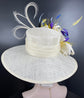 Wide Brim Sinamay Derby Hat: Ivory, Purple & Blue Feather Fascinator